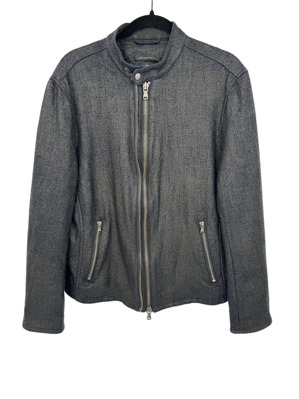 John Varvatos USA Luxe Gray Tweed Double Zip Moto Jacket L